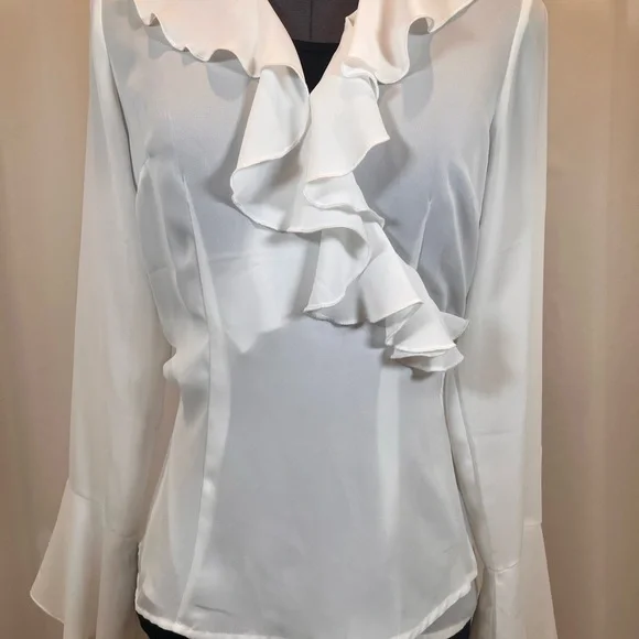 New York & Company White Ruffle Front V-Neck Blouse - Picture 1 of 9